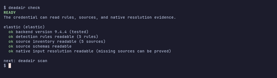 deadair check reporting READY against a disposable Elastic lab